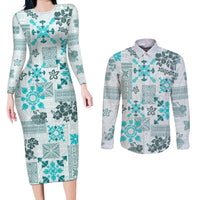 Hawaii Tapa Tribal Couples Matching Long Sleeve Bodycon Dress and Long Sleeve Button Shirt With Hawaiian Quilt Pattern Aqua LT9 - Wonder Print Shop