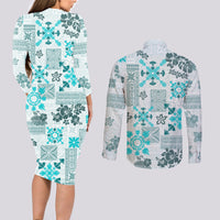 Hawaii Tapa Tribal Couples Matching Long Sleeve Bodycon Dress and Long Sleeve Button Shirt With Hawaiian Quilt Pattern Aqua LT9 - Wonder Print Shop