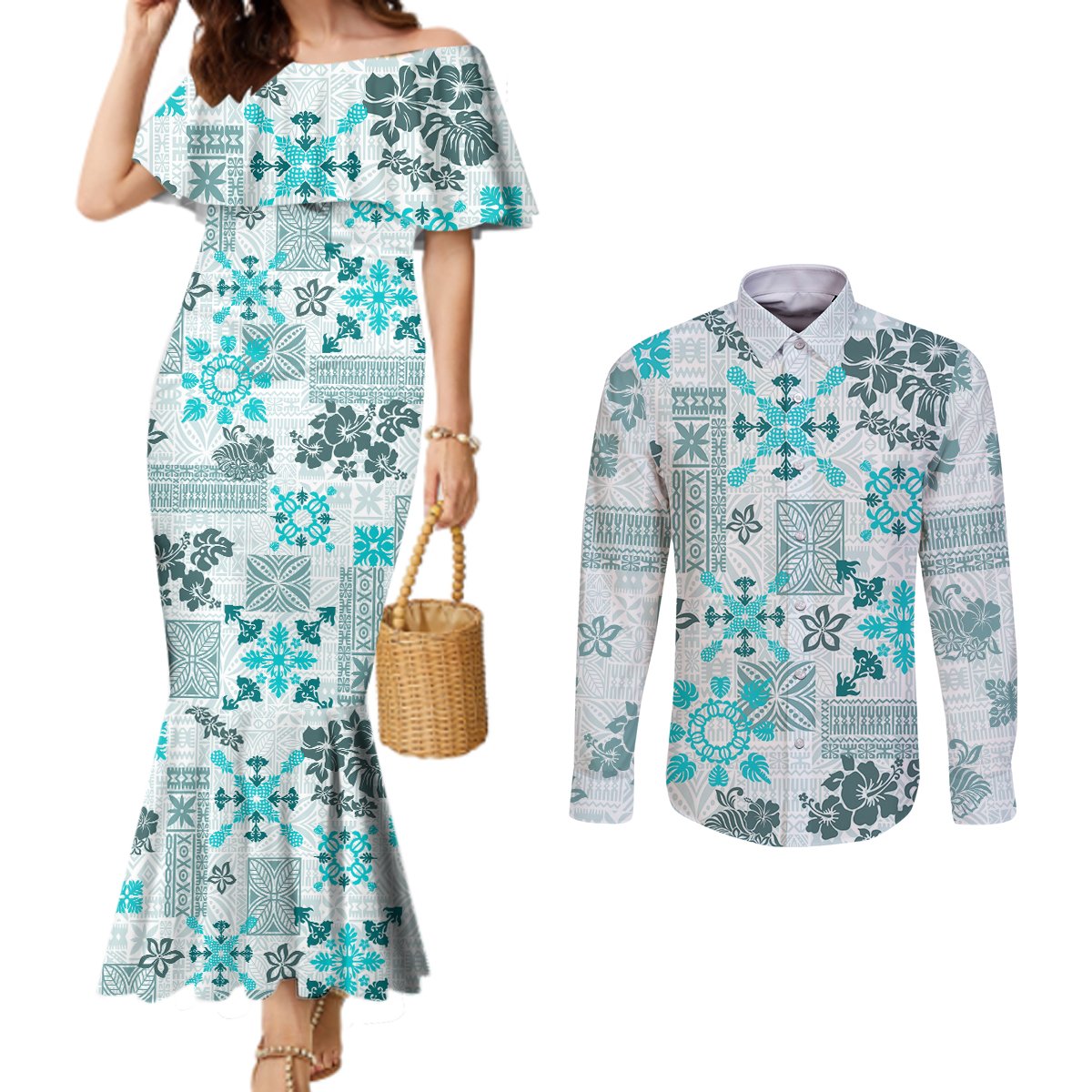 hawaii-tapa-tribal-couples-matching-mermaid-dress-and-long-sleeve-button-shirt-with-hawaiian-quilt-pattern-aqua