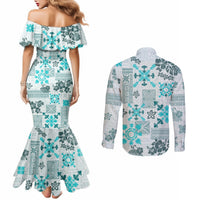 hawaii-tapa-tribal-couples-matching-mermaid-dress-and-long-sleeve-button-shirt-with-hawaiian-quilt-pattern-aqua