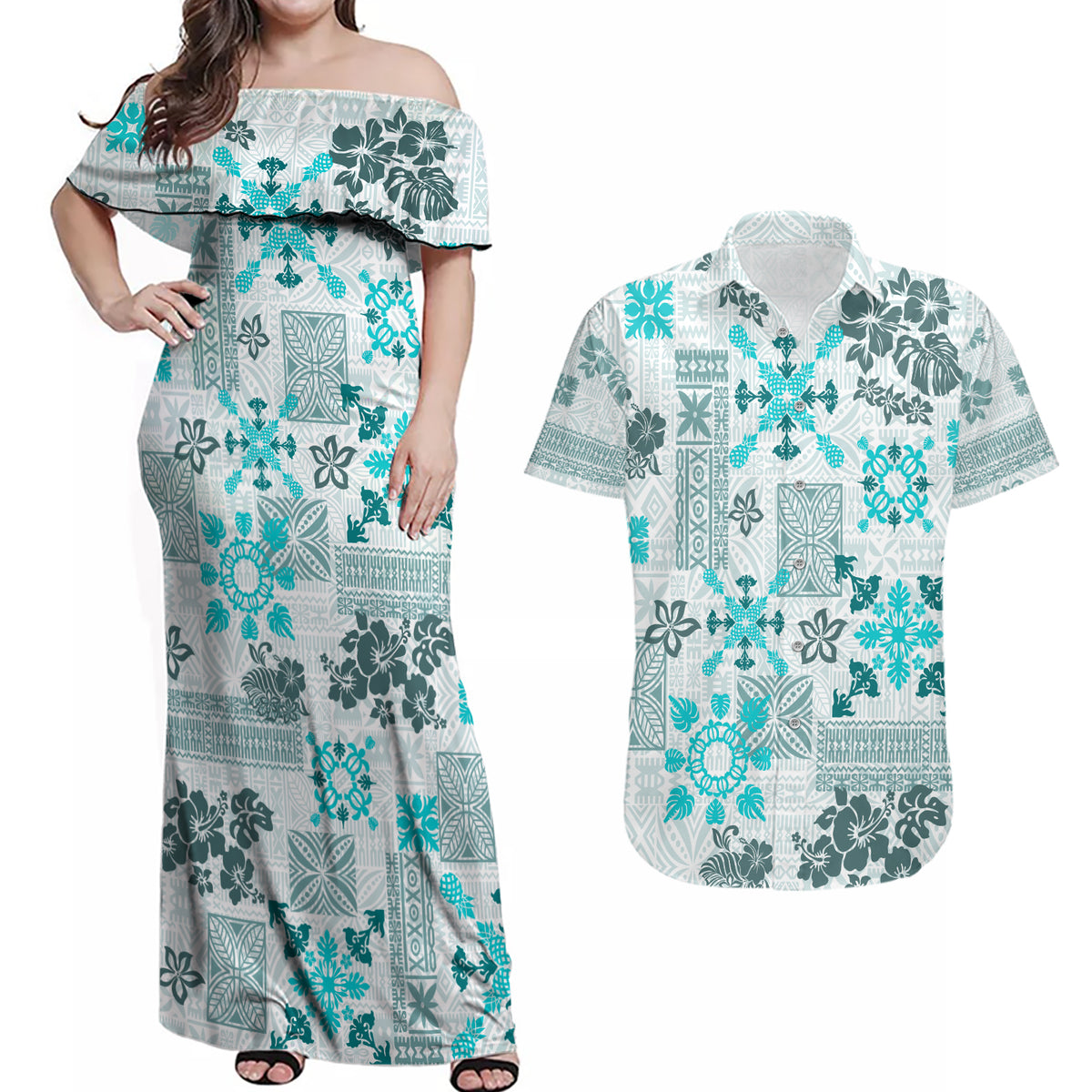 Hawaii Tapa Tribal Couples Matching Off Shoulder Maxi Dress and Hawaiian Shirt With Hawaiian Quilt Pattern Aqua LT9 - Wonder Print Shop