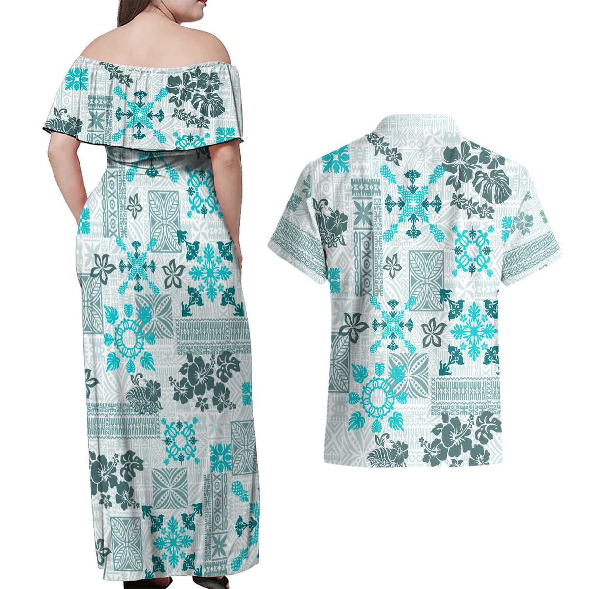 Hawaii Tapa Tribal Couples Matching Off Shoulder Maxi Dress and Hawaiian Shirt With Hawaiian Quilt Pattern Aqua LT9 - Wonder Print Shop