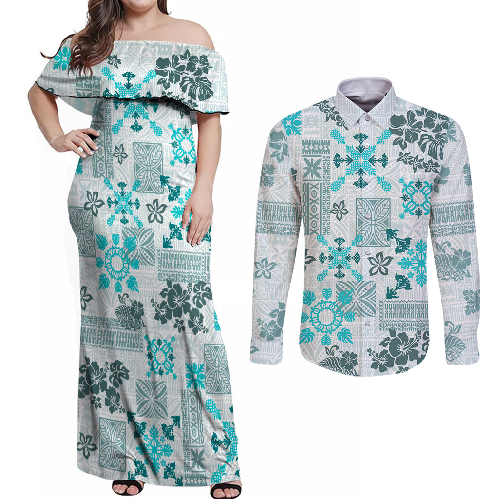 Hawaii Tapa Tribal Couples Matching Off Shoulder Maxi Dress and Long Sleeve Button Shirt With Hawaiian Quilt Pattern Aqua LT9 - Wonder Print Shop