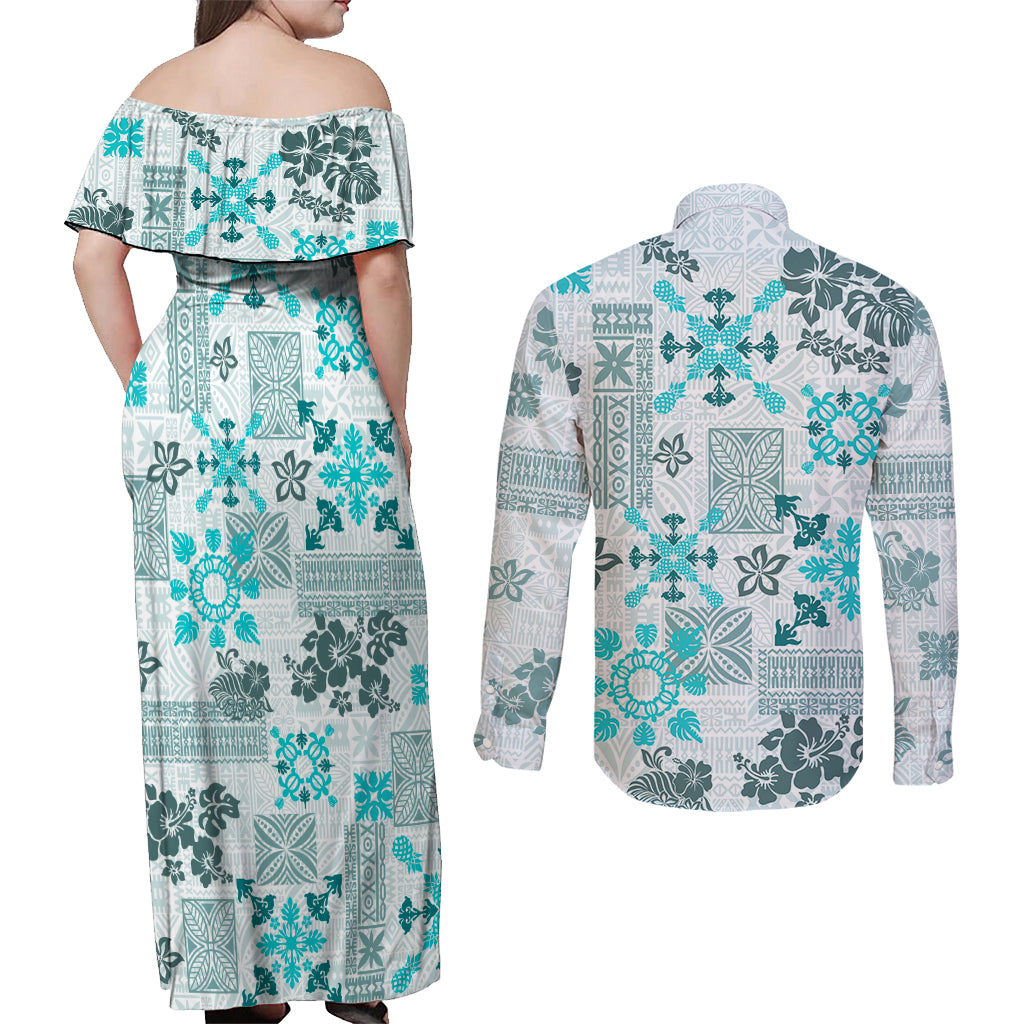 Hawaii Tapa Tribal Couples Matching Off Shoulder Maxi Dress and Long Sleeve Button Shirt With Hawaiian Quilt Pattern Aqua LT9 - Wonder Print Shop