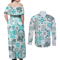 Hawaii Tapa Tribal Couples Matching Off Shoulder Maxi Dress and Long Sleeve Button Shirt With Hawaiian Quilt Pattern Aqua LT9 - Wonder Print Shop