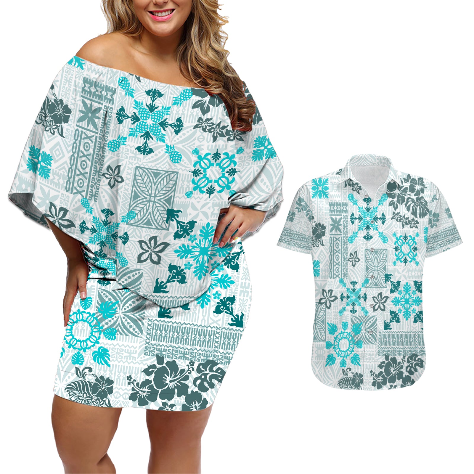 Hawaii Tapa Tribal Couples Matching Off Shoulder Short Dress and Hawaiian Shirt With Hawaiian Quilt Pattern Aqua LT9 - Wonder Print Shop