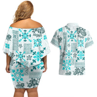 Hawaii Tapa Tribal Couples Matching Off Shoulder Short Dress and Hawaiian Shirt With Hawaiian Quilt Pattern Aqua LT9 - Wonder Print Shop