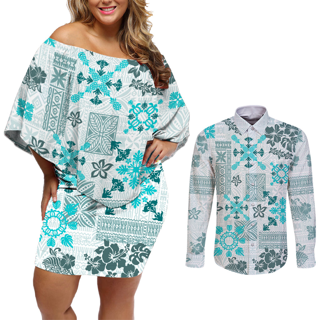 Hawaii Tapa Tribal Couples Matching Off Shoulder Short Dress and Long Sleeve Button Shirt With Hawaiian Quilt Pattern Aqua LT9 - Wonder Print Shop