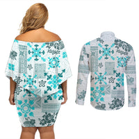 Hawaii Tapa Tribal Couples Matching Off Shoulder Short Dress and Long Sleeve Button Shirt With Hawaiian Quilt Pattern Aqua LT9 - Wonder Print Shop
