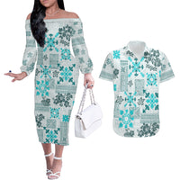 Hawaii Tapa Tribal Couples Matching Off The Shoulder Long Sleeve Dress and Hawaiian Shirt With Hawaiian Quilt Pattern Aqua LT9 - Wonder Print Shop