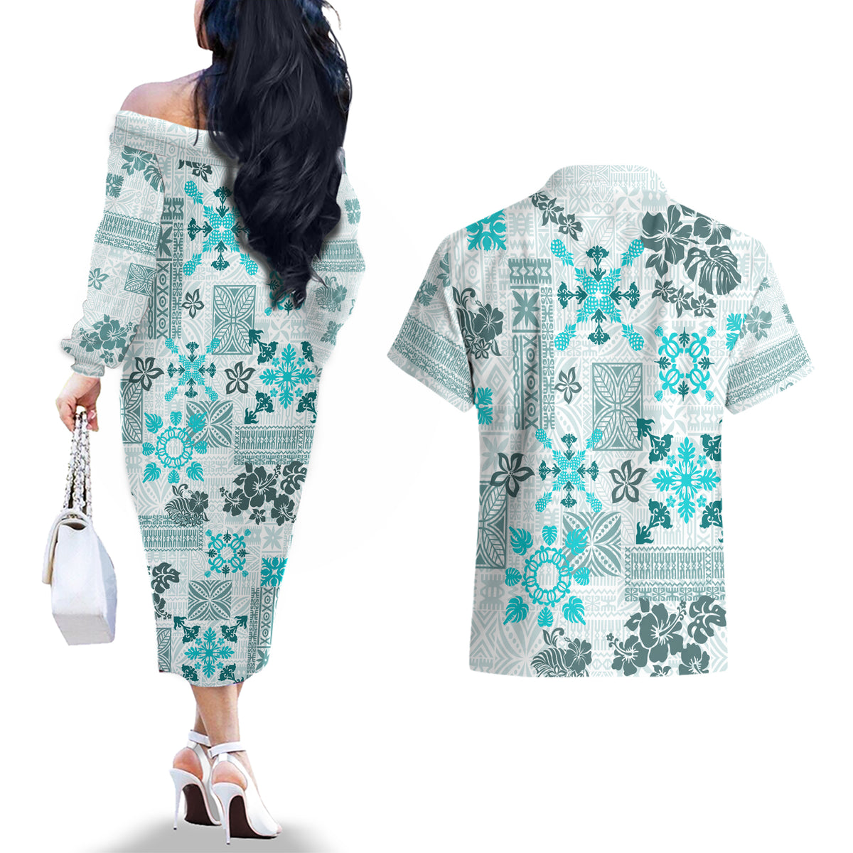 Hawaii Tapa Tribal Couples Matching Off The Shoulder Long Sleeve Dress and Hawaiian Shirt With Hawaiian Quilt Pattern Aqua LT9 - Wonder Print Shop