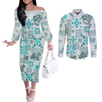 hawaii-tapa-tribal-couples-matching-off-the-shoulder-long-sleeve-dress-and-long-sleeve-button-shirt-with-hawaiian-quilt-pattern-aqua