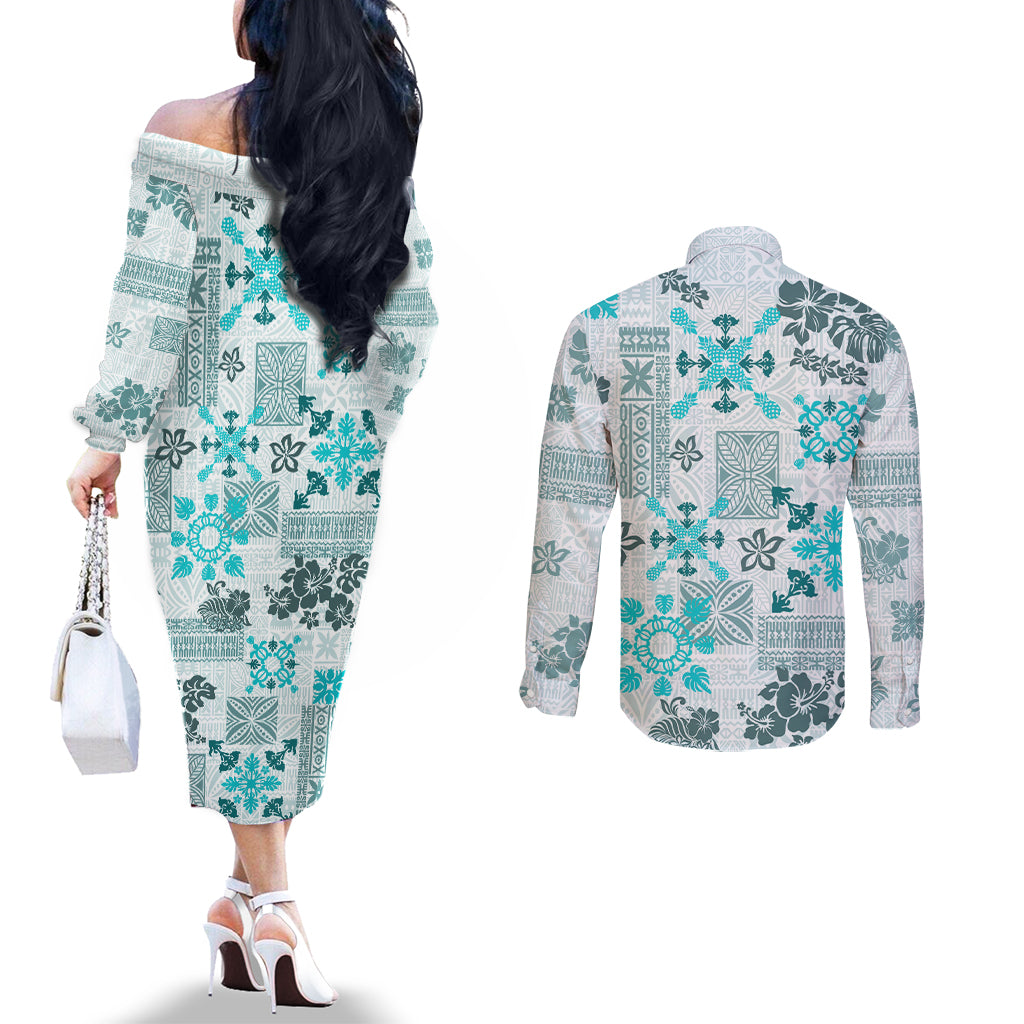 hawaii-tapa-tribal-couples-matching-off-the-shoulder-long-sleeve-dress-and-long-sleeve-button-shirt-with-hawaiian-quilt-pattern-aqua