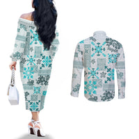 hawaii-tapa-tribal-couples-matching-off-the-shoulder-long-sleeve-dress-and-long-sleeve-button-shirt-with-hawaiian-quilt-pattern-aqua
