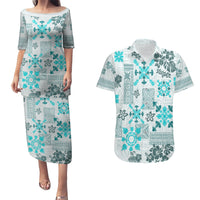 Hawaii Tapa Tribal Couples Matching Puletasi Dress and Hawaiian Shirt With Hawaiian Quilt Pattern Aqua LT9 - Wonder Print Shop