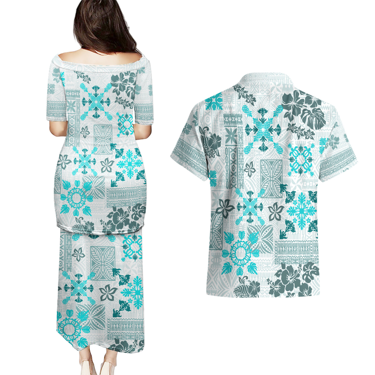 Hawaii Tapa Tribal Couples Matching Puletasi Dress and Hawaiian Shirt With Hawaiian Quilt Pattern Aqua LT9 - Wonder Print Shop