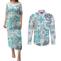 Hawaii Tapa Tribal Couples Matching Puletasi Dress and Long Sleeve Button Shirt With Hawaiian Quilt Pattern Aqua LT9 - Wonder Print Shop