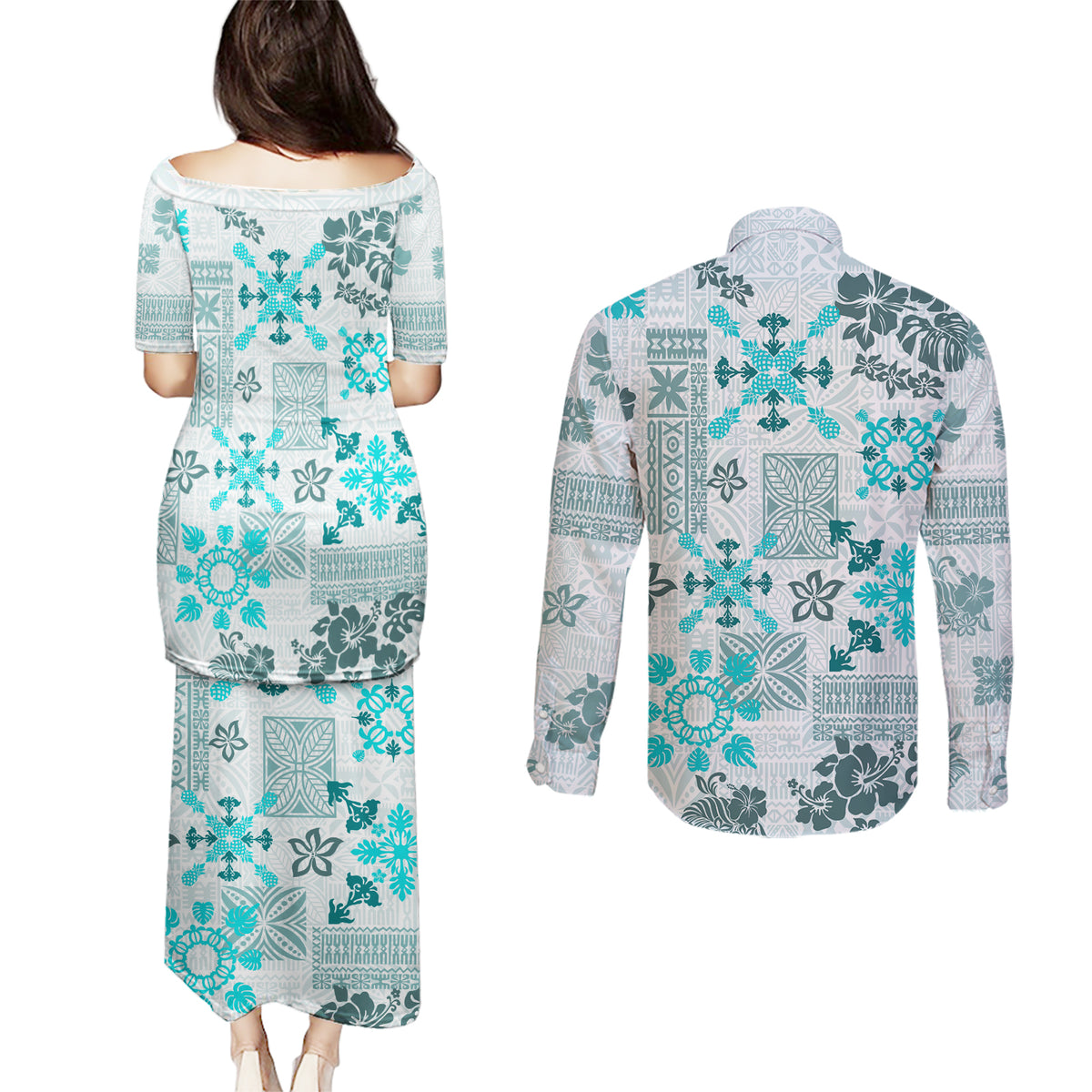 Hawaii Tapa Tribal Couples Matching Puletasi Dress and Long Sleeve Button Shirt With Hawaiian Quilt Pattern Aqua LT9 - Wonder Print Shop