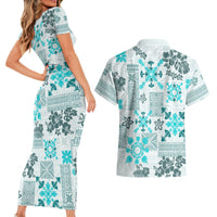 Hawaii Tapa Tribal Couples Matching Short Sleeve Bodycon Dress and Hawaiian Shirt With Hawaiian Quilt Pattern Aqua LT9 - Wonder Print Shop