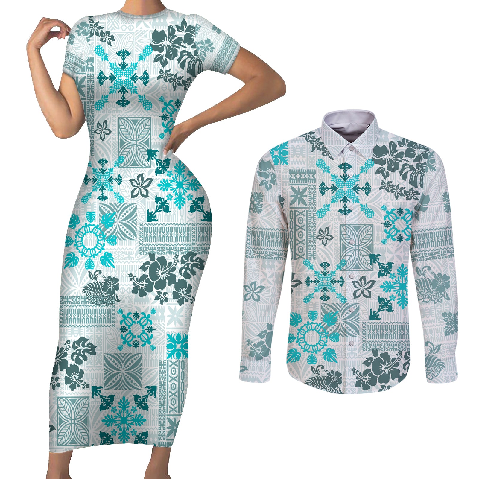 Hawaii Tapa Tribal Couples Matching Short Sleeve Bodycon Dress and Long Sleeve Button Shirt With Hawaiian Quilt Pattern Aqua LT9 - Wonder Print Shop