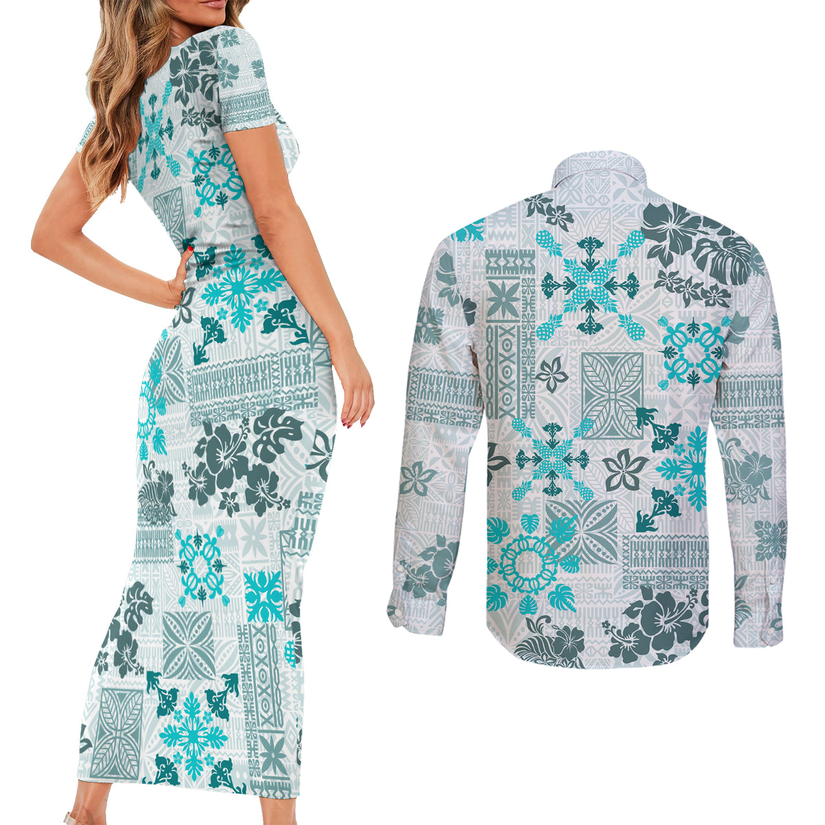 Hawaii Tapa Tribal Couples Matching Short Sleeve Bodycon Dress and Long Sleeve Button Shirt With Hawaiian Quilt Pattern Aqua LT9 - Wonder Print Shop