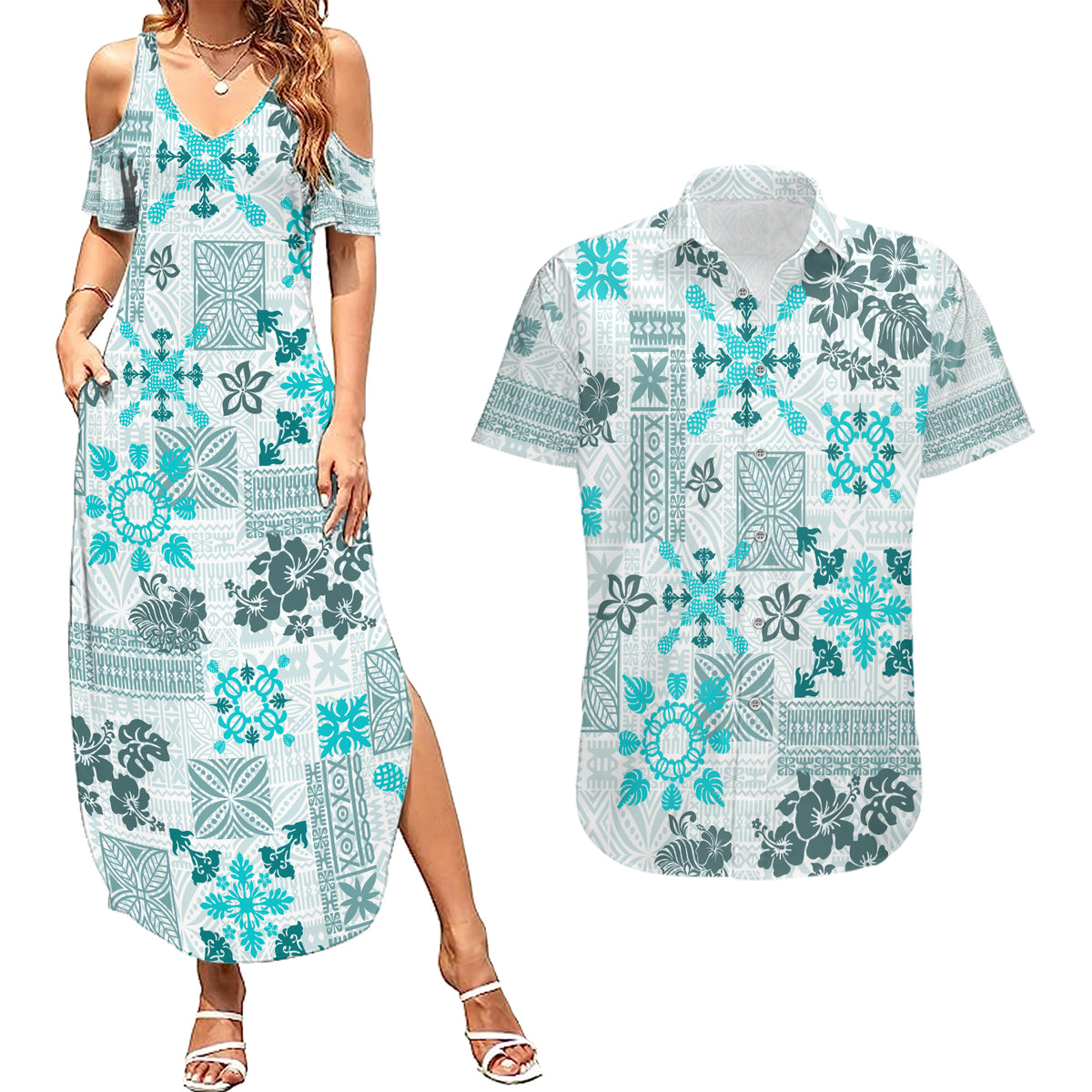 Hawaii Tapa Tribal Couples Matching Summer Maxi Dress and Hawaiian Shirt With Hawaiian Quilt Pattern Aqua LT9 - Wonder Print Shop