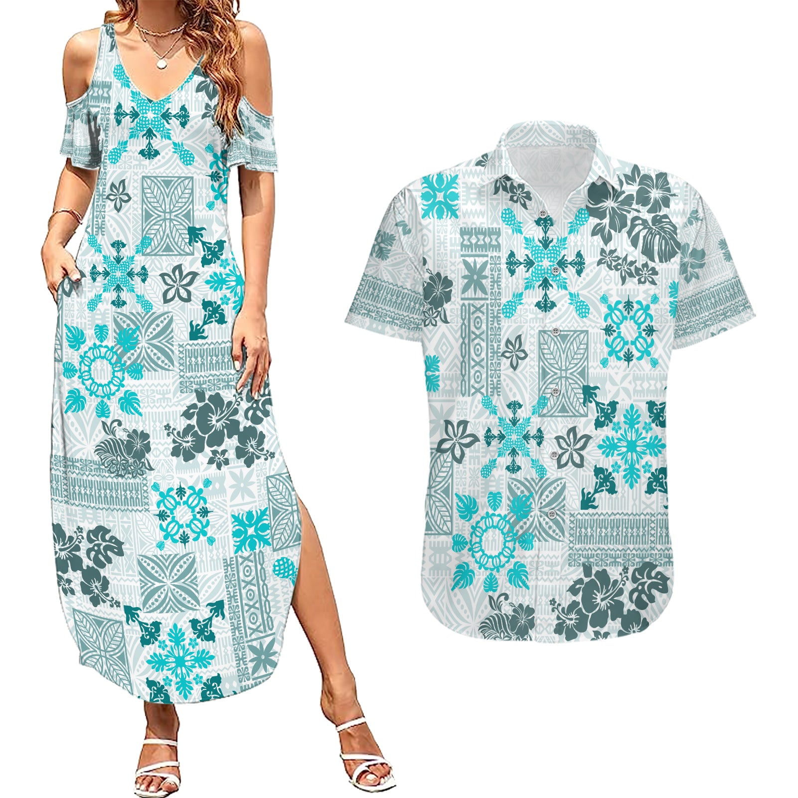Hawaii Tapa Tribal Couples Matching Summer Maxi Dress and Hawaiian Shirt With Hawaiian Quilt Pattern Aqua LT9 - Wonder Print Shop