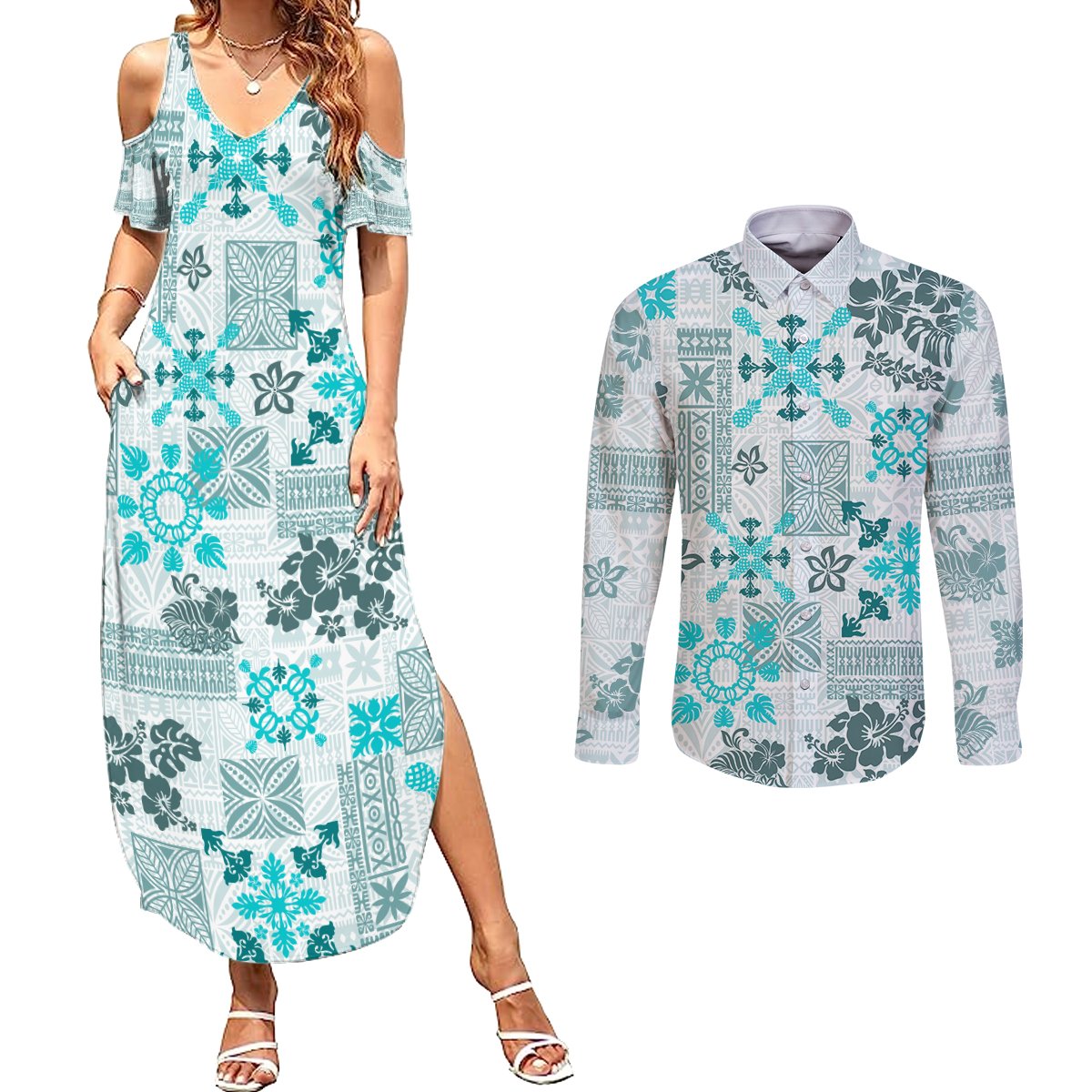 Hawaii Tapa Tribal Couples Matching Summer Maxi Dress and Long Sleeve Button Shirt With Hawaiian Quilt Pattern Aqua LT9 - Wonder Print Shop