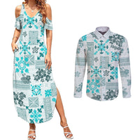 Hawaii Tapa Tribal Couples Matching Summer Maxi Dress and Long Sleeve Button Shirt With Hawaiian Quilt Pattern Aqua LT9 - Wonder Print Shop