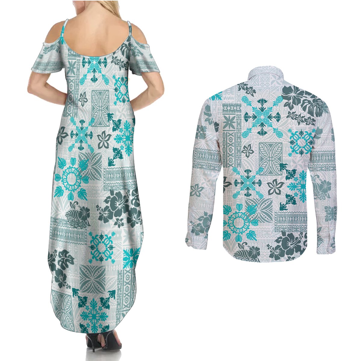 Hawaii Tapa Tribal Couples Matching Summer Maxi Dress and Long Sleeve Button Shirt With Hawaiian Quilt Pattern Aqua LT9 - Wonder Print Shop