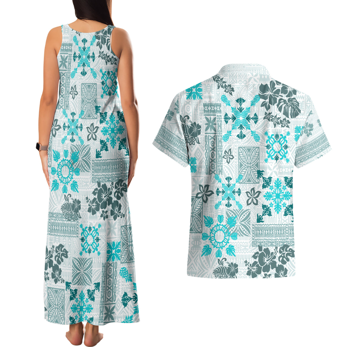 Hawaii Tapa Tribal Couples Matching Tank Maxi Dress and Hawaiian Shirt With Hawaiian Quilt Pattern Aqua LT9 - Wonder Print Shop