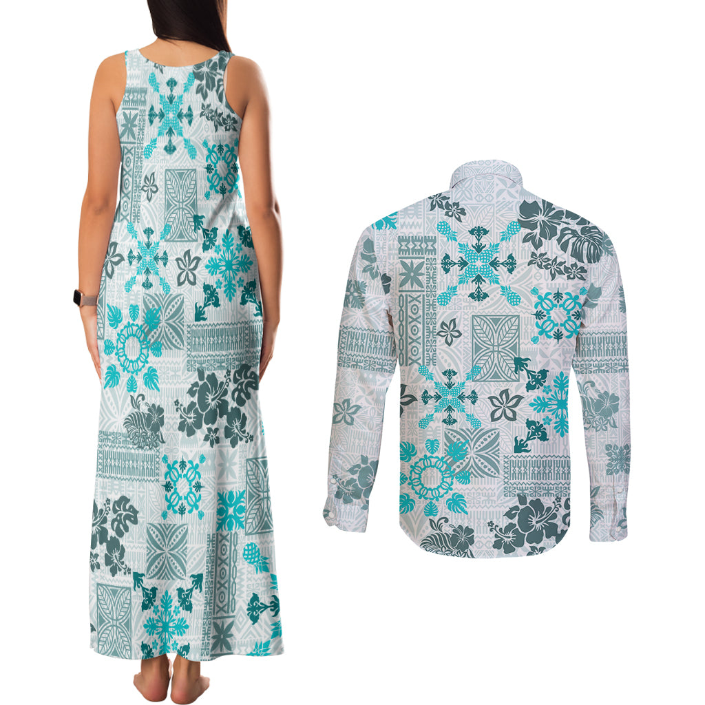 Hawaii Tapa Tribal Couples Matching Tank Maxi Dress and Long Sleeve Button Shirt With Hawaiian Quilt Pattern Aqua LT9 - Wonder Print Shop