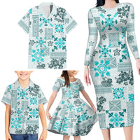 Hawaii Tapa Tribal Family Matching Long Sleeve Bodycon Dress and Hawaiian Shirt With Hawaiian Quilt Pattern Aqua LT9 - Wonder Print Shop