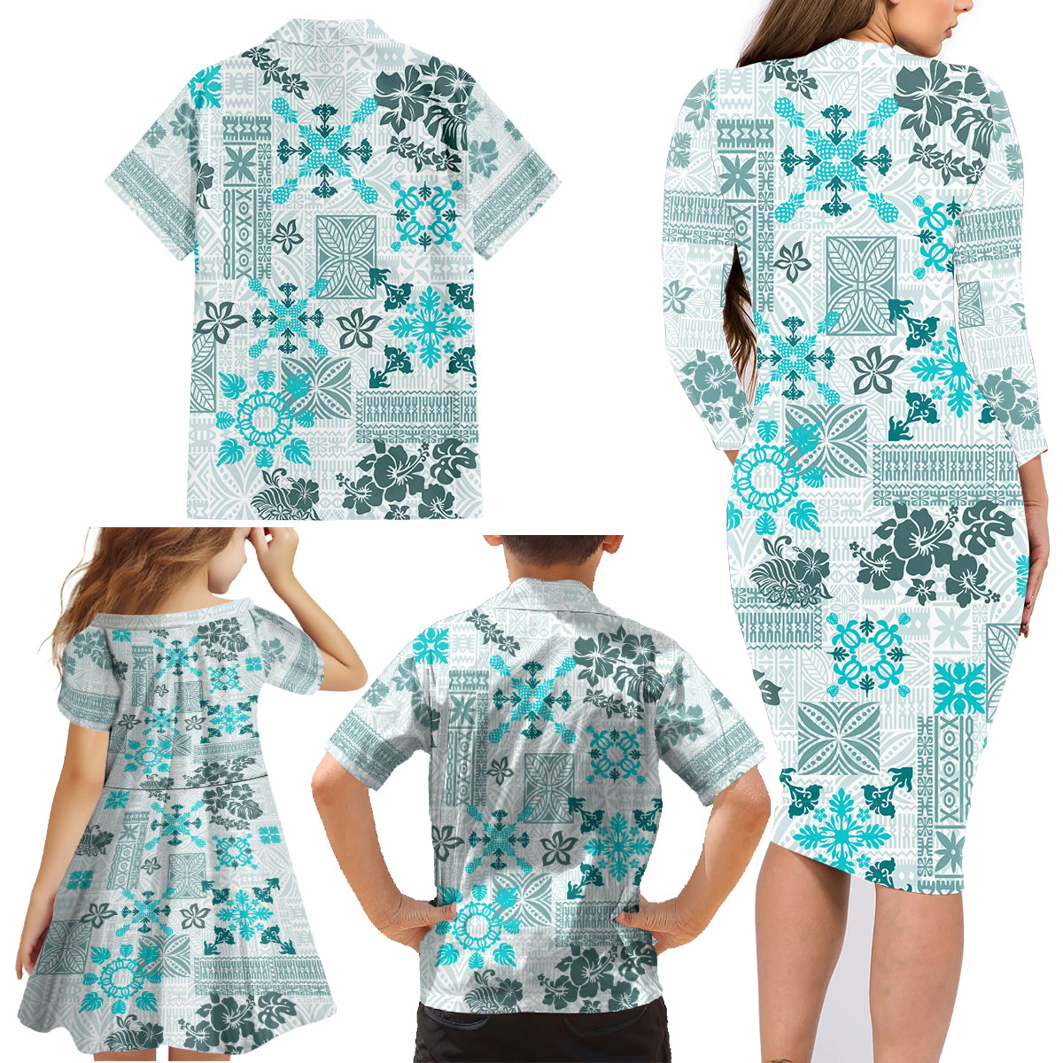 Hawaii Tapa Tribal Family Matching Long Sleeve Bodycon Dress and Hawaiian Shirt With Hawaiian Quilt Pattern Aqua LT9 - Wonder Print Shop