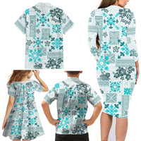 Hawaii Tapa Tribal Family Matching Long Sleeve Bodycon Dress and Hawaiian Shirt With Hawaiian Quilt Pattern Aqua LT9 - Wonder Print Shop