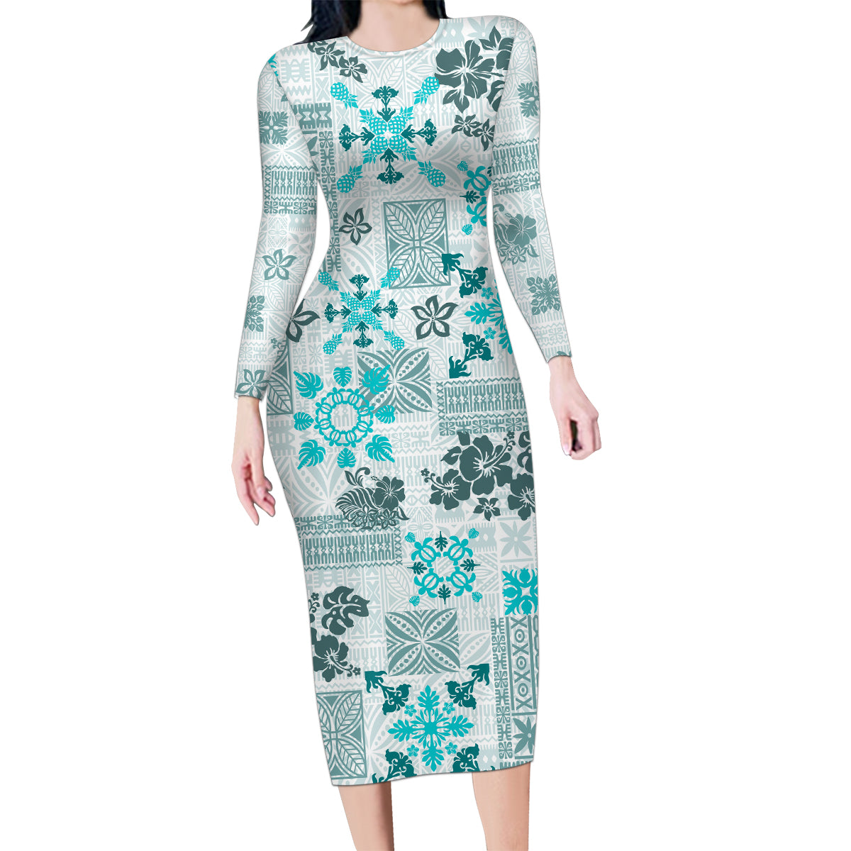 Hawaii Tapa Tribal Family Matching Long Sleeve Bodycon Dress and Hawaiian Shirt With Hawaiian Quilt Pattern Aqua LT9 - Wonder Print Shop