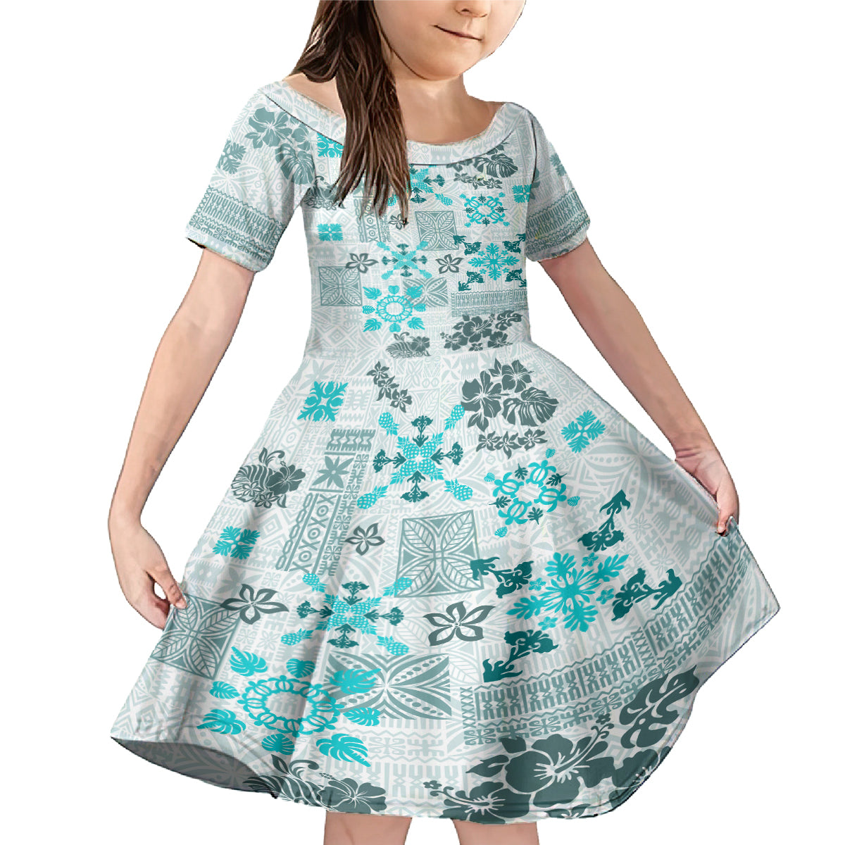 Hawaii Tapa Tribal Family Matching Mermaid Dress and Hawaiian Shirt With Hawaiian Quilt Pattern Aqua LT9 - Wonder Print Shop
