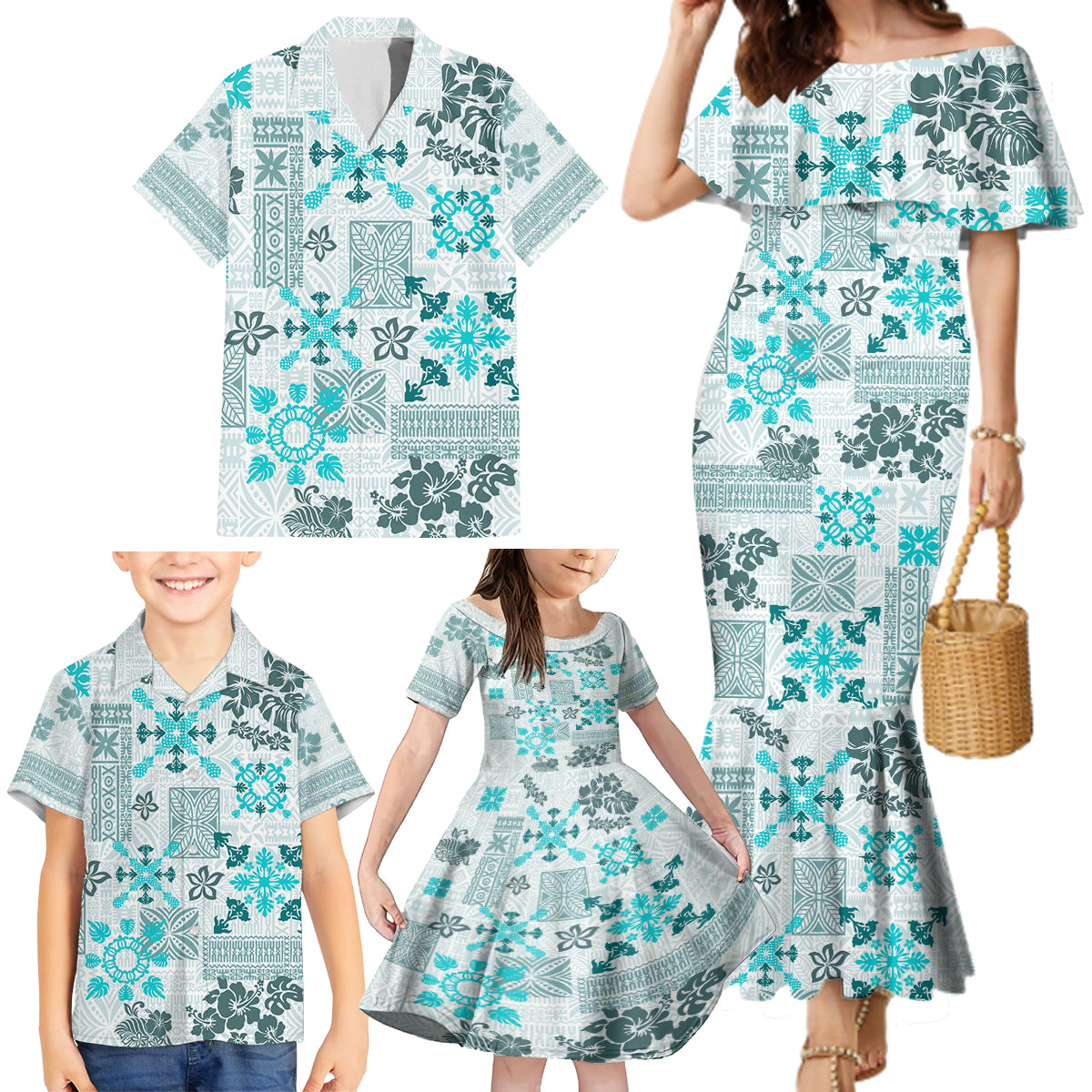 Hawaii Tapa Tribal Family Matching Mermaid Dress and Hawaiian Shirt With Hawaiian Quilt Pattern Aqua LT9 - Wonder Print Shop