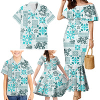 Hawaii Tapa Tribal Family Matching Mermaid Dress and Hawaiian Shirt With Hawaiian Quilt Pattern Aqua LT9 - Wonder Print Shop