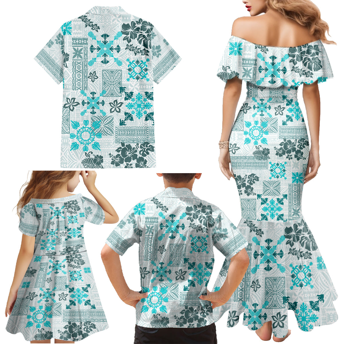 Hawaii Tapa Tribal Family Matching Mermaid Dress and Hawaiian Shirt With Hawaiian Quilt Pattern Aqua LT9 - Wonder Print Shop