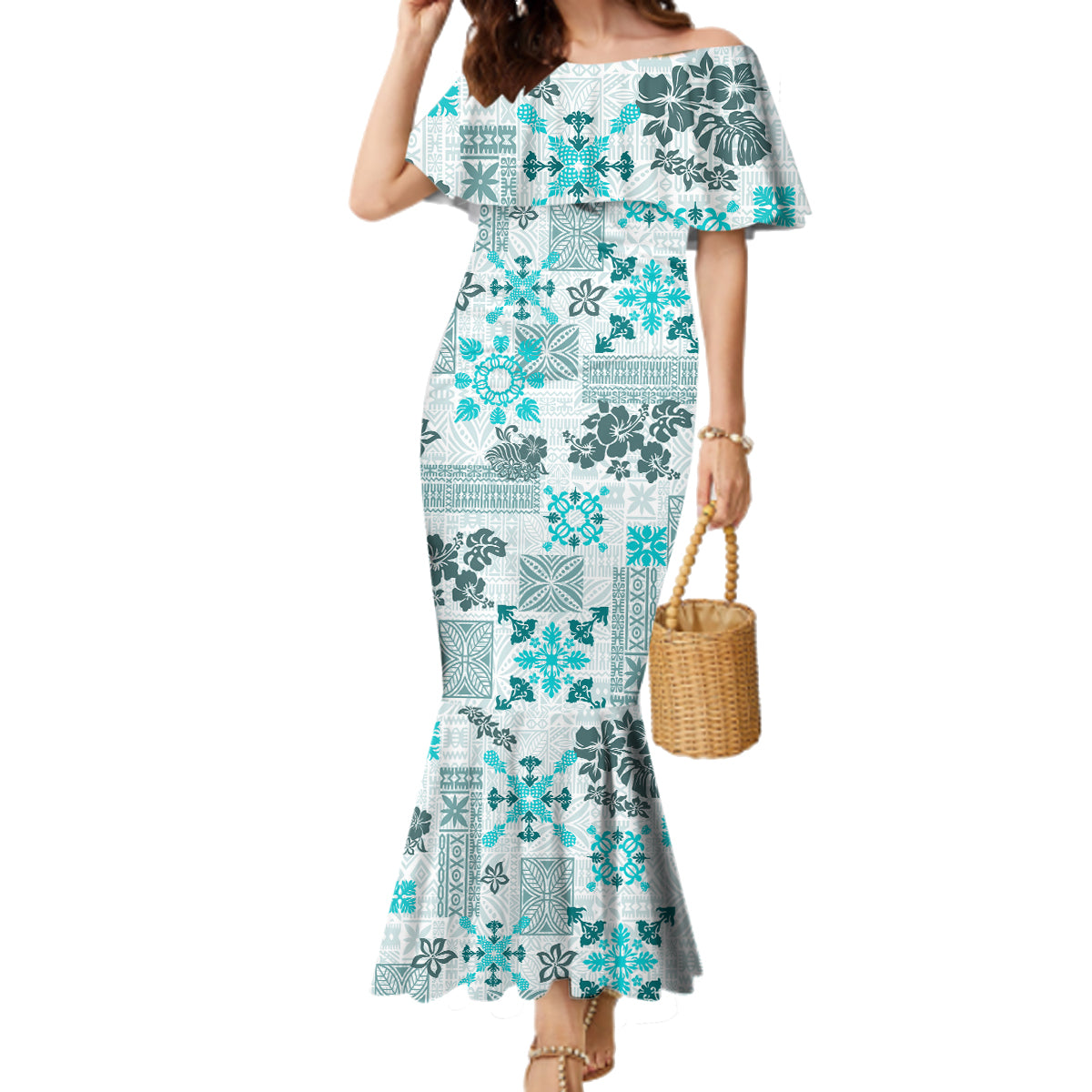 Hawaii Tapa Tribal Family Matching Mermaid Dress and Hawaiian Shirt With Hawaiian Quilt Pattern Aqua LT9 - Wonder Print Shop