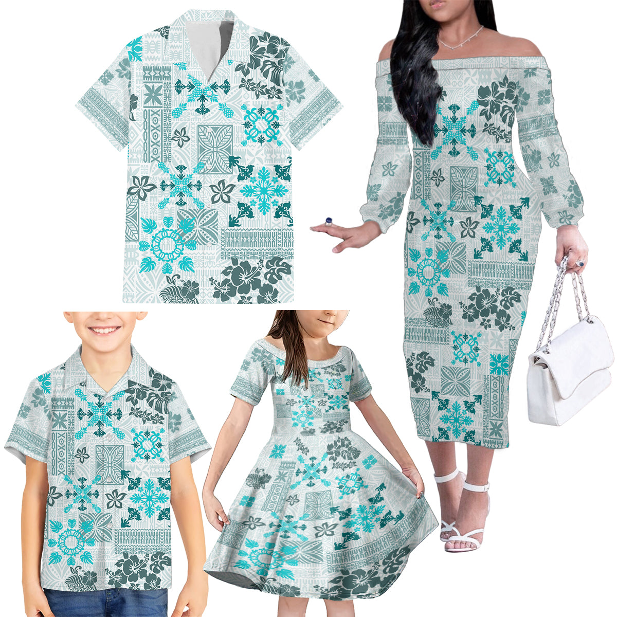 Hawaii Tapa Tribal Family Matching Off Shoulder Long Sleeve Dress and Hawaiian Shirt With Hawaiian Quilt Pattern Aqua - Wonder Print Shop