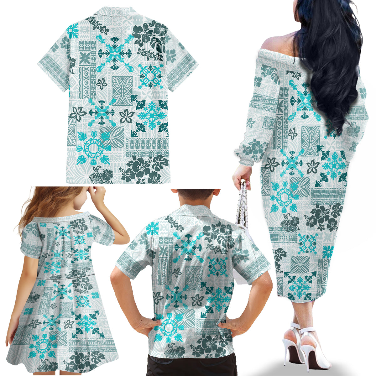 Hawaii Tapa Tribal Family Matching Off Shoulder Long Sleeve Dress and Hawaiian Shirt With Hawaiian Quilt Pattern Aqua - Wonder Print Shop