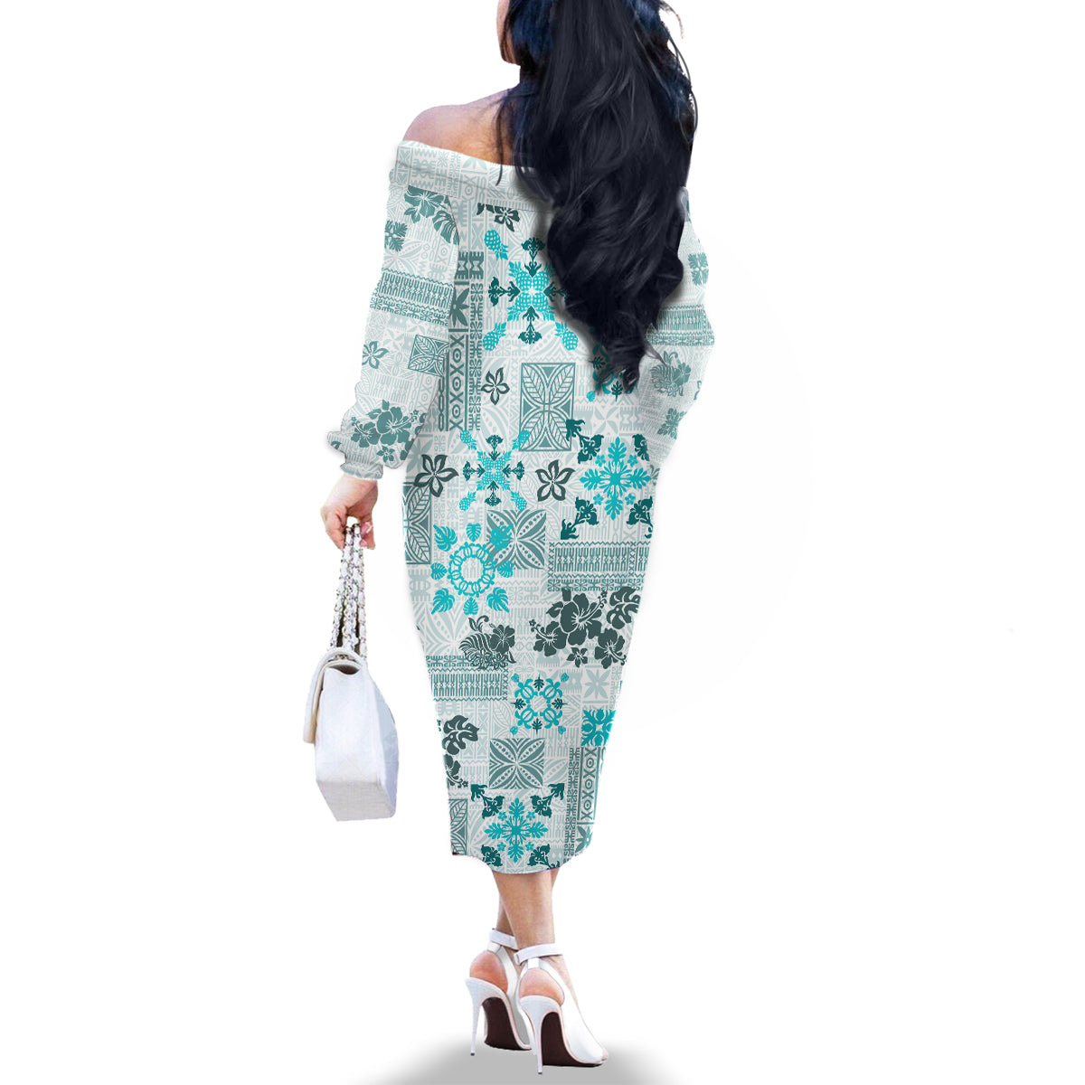 Hawaii Tapa Tribal Family Matching Off Shoulder Long Sleeve Dress and Hawaiian Shirt With Hawaiian Quilt Pattern Aqua - Wonder Print Shop