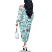 Hawaii Tapa Tribal Family Matching Off Shoulder Long Sleeve Dress and Hawaiian Shirt With Hawaiian Quilt Pattern Aqua - Wonder Print Shop