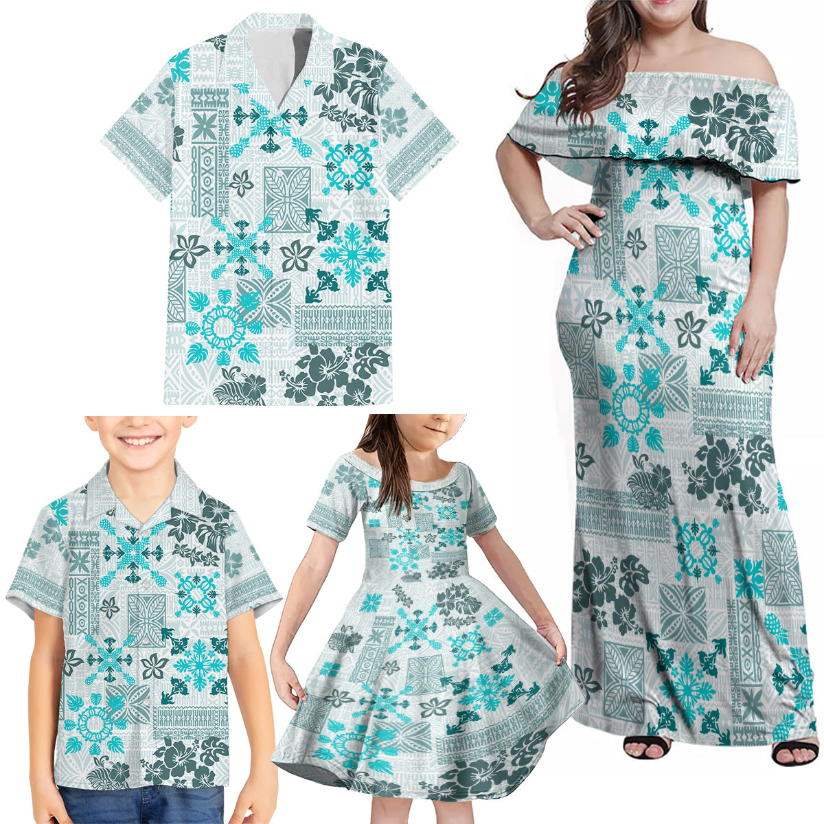 Hawaii Tapa Tribal Family Matching Off Shoulder Maxi Dress and Hawaiian Shirt With Hawaiian Quilt Pattern Aqua LT9 - Wonder Print Shop