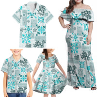 Hawaii Tapa Tribal Family Matching Off Shoulder Maxi Dress and Hawaiian Shirt With Hawaiian Quilt Pattern Aqua LT9 - Wonder Print Shop