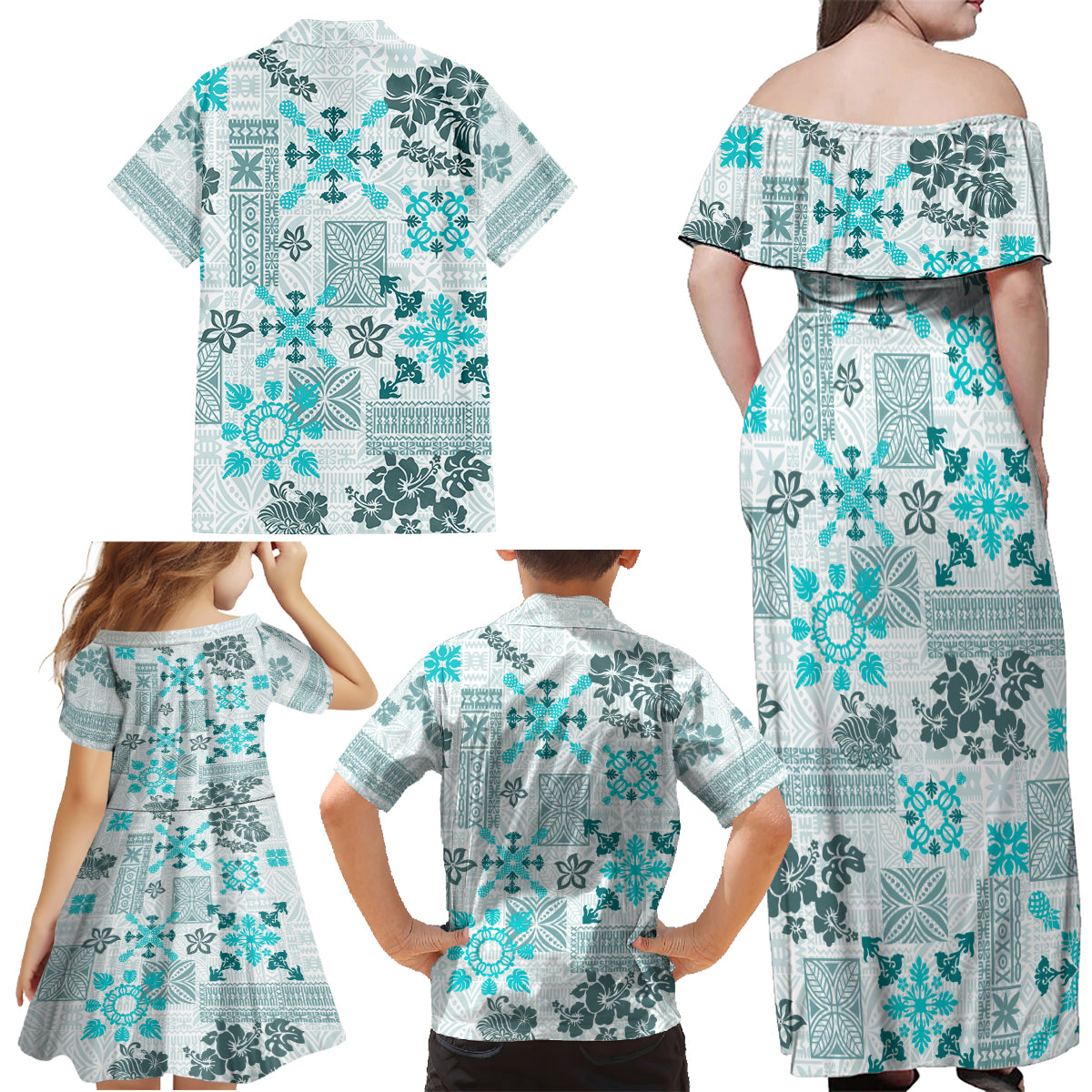 Hawaii Tapa Tribal Family Matching Off Shoulder Maxi Dress and Hawaiian Shirt With Hawaiian Quilt Pattern Aqua LT9 - Wonder Print Shop