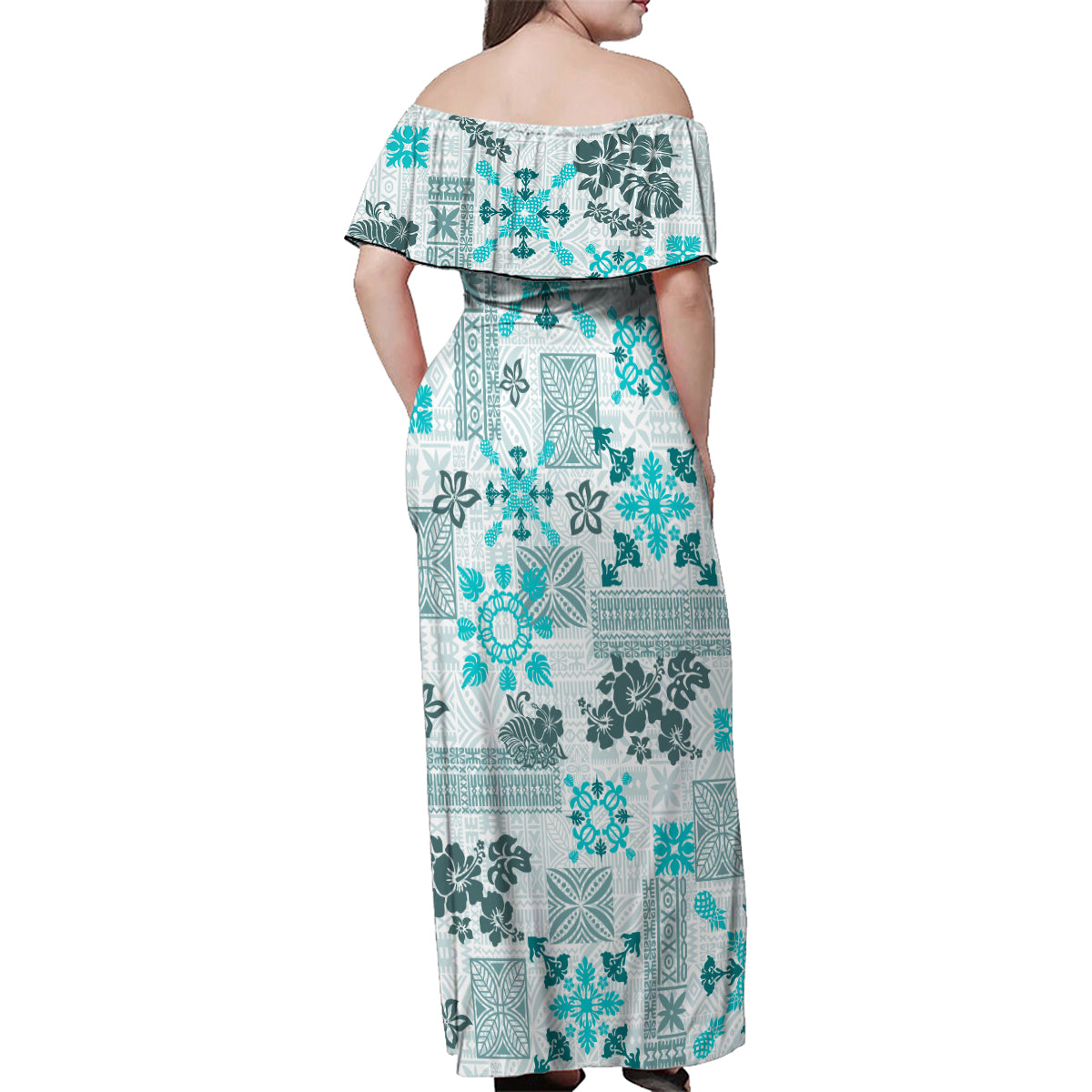 Hawaii Tapa Tribal Family Matching Off Shoulder Maxi Dress and Hawaiian Shirt With Hawaiian Quilt Pattern Aqua LT9 - Wonder Print Shop