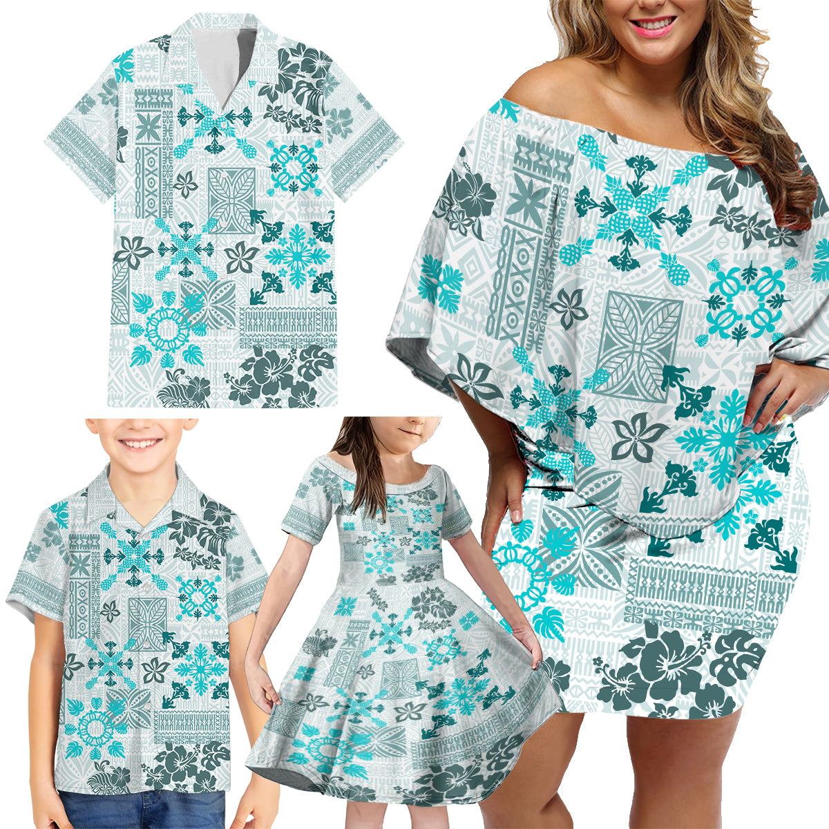 Hawaii Tapa Tribal Family Matching Off Shoulder Short Dress and Hawaiian Shirt With Hawaiian Quilt Pattern Aqua LT9 - Wonder Print Shop